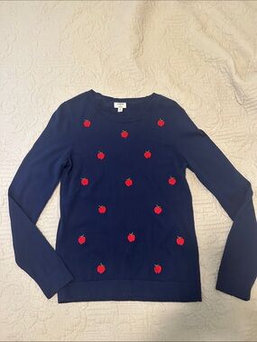 J. Crew Navy Teddie Sweater Blhue with Red Apple Embroidery size M